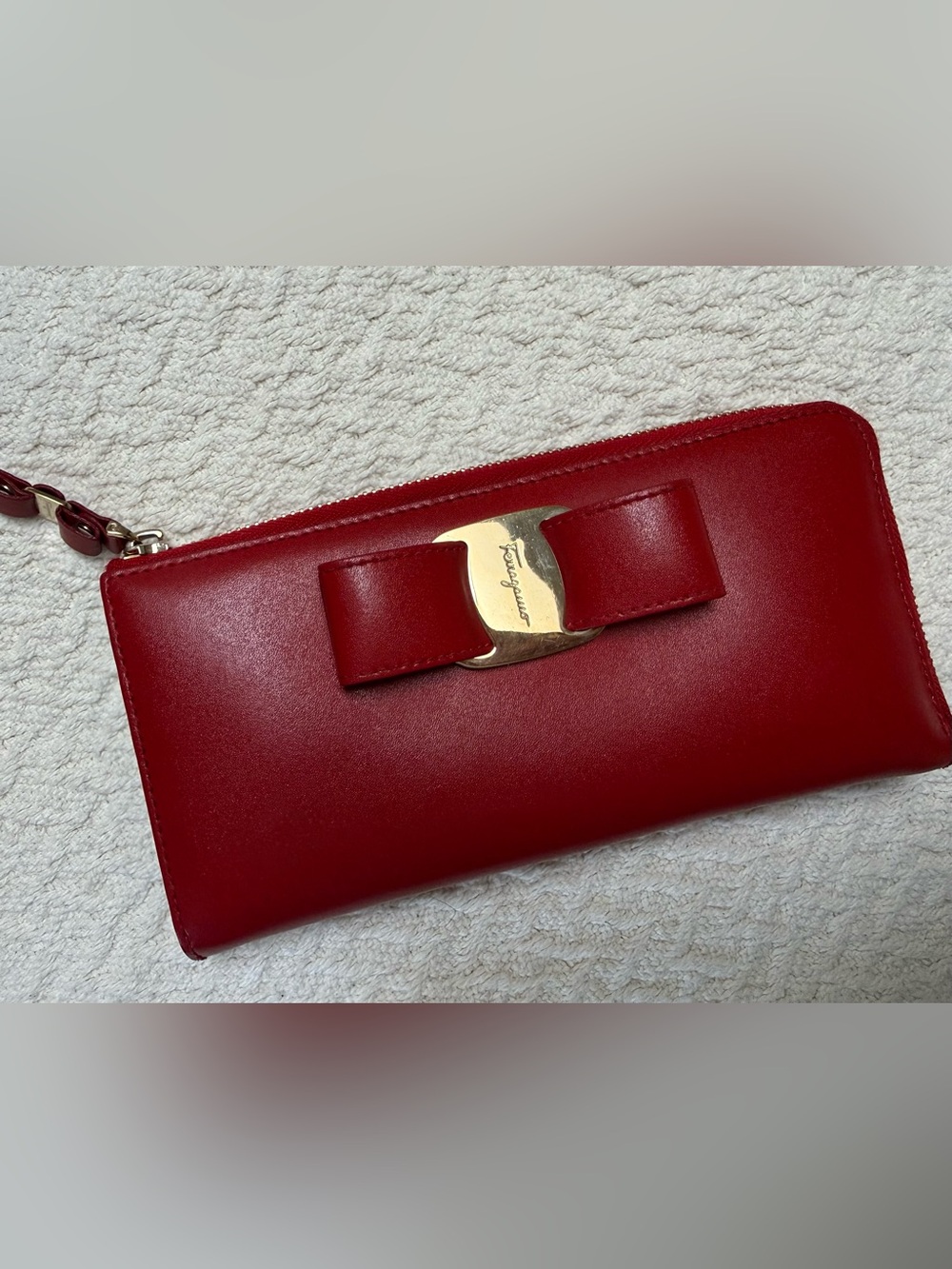 Salvatore Ferragamo Red Leather Vara Bow Clutch with Gold Plaque